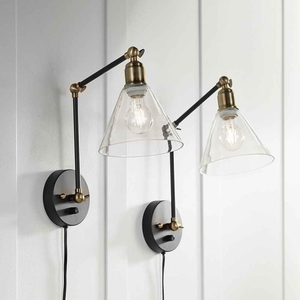 Wray Black and Brass Glass Shade Plug-In Wall Lamp Set of 2 - Style # 40R28 - Image 0