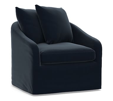 Anniston Slipcovered Swivel Armchair, Down Blend Wrapped Cushions, Performance Plush Velvet Navy - Image 0