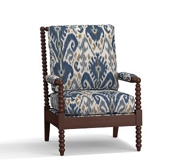 Loralie Upholstered Armchair with Walnut Finish, Polyester Wrapped Cushions, Ikat Geo Blue - Image 0