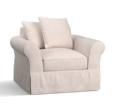 PB Comfort Roll Arm Slipcovered Swivel Armchair, Box Edge Memory Foam Cushions, Textured Twill Light Gray - Image 2