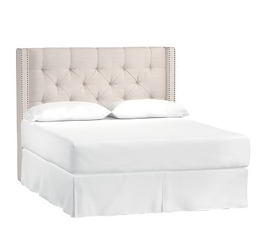 Harper Upholstered Tufted Low Headboard with Pewter Nailheads, King, Performance Twill Warm White - Image 0