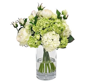 Faux Rose Snowball In Glass Vase, White - Image 0