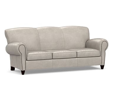 Manhattan Leather Sofa 86" with Bronze Nailheads, Polyester Wrapped Cushions, Statesville Pebble - Image 0