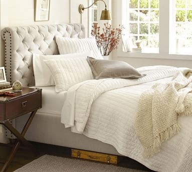 Chesterfield Upholstered Bed with Bronze Nailheads, King, Microsuede Dove Gray - Image 3