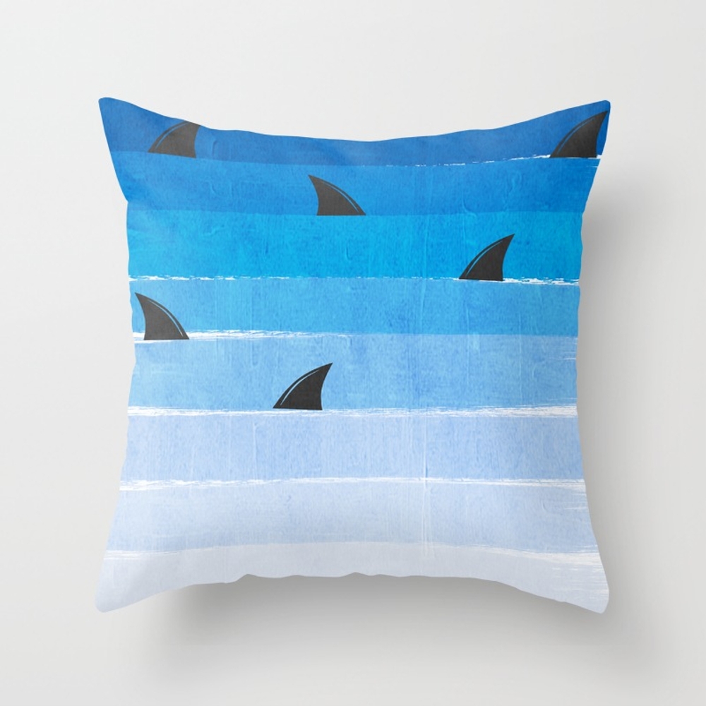 Sharks - Shark Week Trendy Black And White Minimal Kids Pattern Print Ombre Blue Ocean Surfing Throw Pillow by Charlottewinter - Cover (16" x 16") With Pillow Insert - Indoor Pillow - Image 0