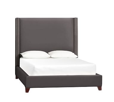Harper Upholstered Non-Tufted Tall Bed with Bronze Nailheads, California King, Brushed Crossweave Charcoal - Image 0
