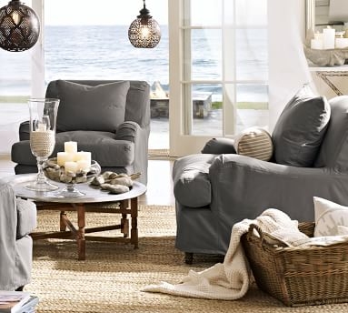 Carlisle Slipcovered Armchair, Down Blend Wrapped Cushions, Textured Twill Light Gray - Image 2