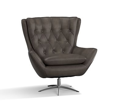 Wells Leather Swivel Armchair with Brushed Nickel Base, Polyester Wrapped Cushions, Leather Burnished Wolf Gray - Image 2
