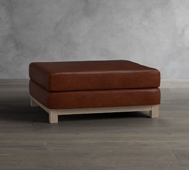 Jake Leather Ottoman with Wood Legs, Down Blend Wrapped Cushions, Signature Chalk - Image 1
