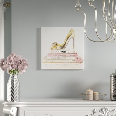 'Gold Shoe and Blush Books' Textual Art on Canvas - Image 0