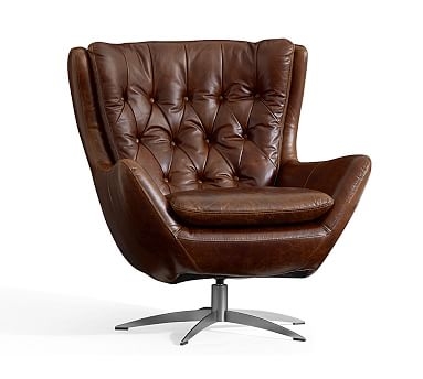 Wells Leather Swivel Armchair with Brushed Nickel Base, Polyester Wrapped Cushions, Statesville Molasses - Image 0