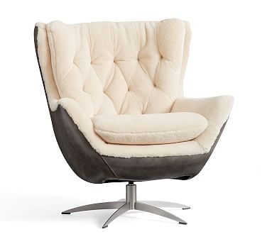 Wells Leather Swivel Armchair with Shearling, Polyester Wrapped Cushions, Burnished Walnut - Image 2