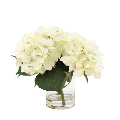 White Hydrangea Floral Arrangement in Glass Vase - Image 0