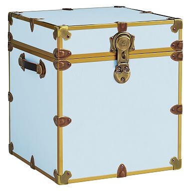 Canvas Dorm Trunk with Rubbed Brass Trim, Cube, Light Denim - Image 0