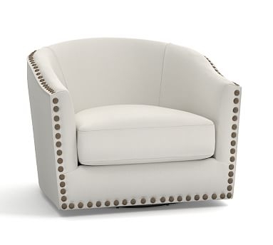 Harlow Upholstered Swivel Armchair with Bronze Nailheads, Polyester Wrapped Cushions, Washed Linen/Cotton Ivory - Image 0