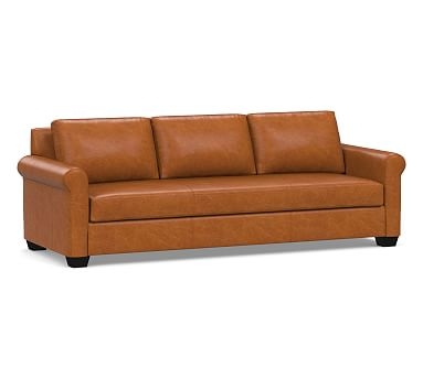York Roll Arm Leather Grand Sofa 98" with Bench Cushion, Polyester Wrapped Cushions, Vintage Caramel - Image 0
