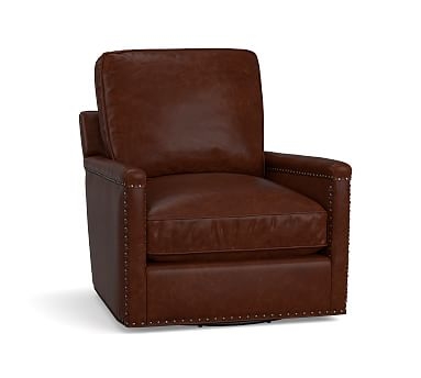 Tyler Leather Square Arm Swivel Armchair with Bronze Nailheads, Down Blend Wrapped Cushions, Signature Whiskey - Image 0