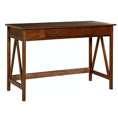 Rectangular Wooden Desk With Drawer And Inverted V Shape Sides, Brown - Image 0