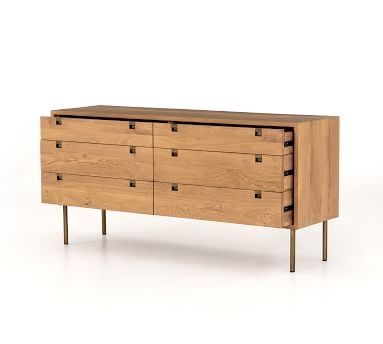 Archdale Wood 6-Drawer Wide Dresser, Natural Oak/Satin Brass - Image 1