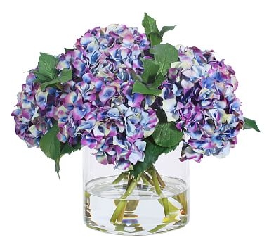 Faux Purple Hydrangeas in Glass Vase - Image 0