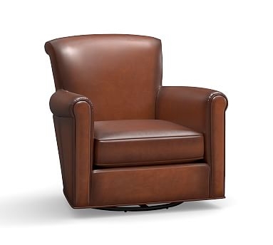 Irving Roll Arm Leather Swivel Glider, Polyester Wrapped Cushions, Leather Burnished Saddle - Image 2