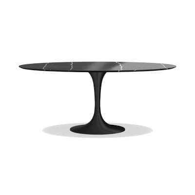 Tulip Pedestal Dining Table, Oval, Aged Bronze Base, Black Marble Top - Image 0