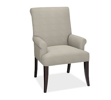 PB Comfort Roll Upholstered Dining Armchair, Performance Heathered Tweed Pebble, Espresso Leg - Image 2