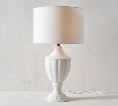 Noah Trophy Table Lamp, Faux Alabaster Base With Medium Gallery Straight Sided Linen Drum Shade, White - Image 1