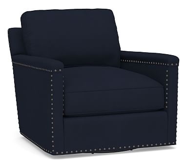 Tyler Square Arm Upholstered Swivel Armchair with Nailheads, Down Blend Wrapped Cushions, Twill Cadet Navy - Image 0