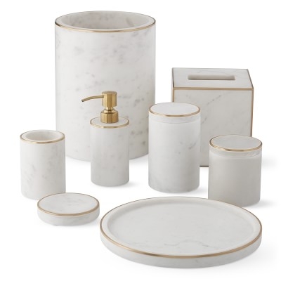 White Marble and Brass Wastebasket - Image 1