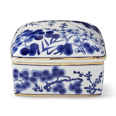 Chinoiserie Ceramic Jewelry Box, Bamboo Motif, Square, Blue and White - Image 0