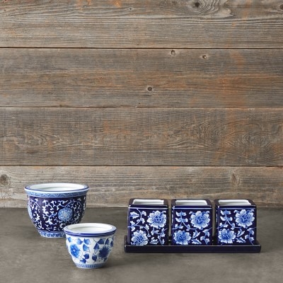 Blue & White Ceramic Herb Tray with Pots, Set of 3 - Image 2