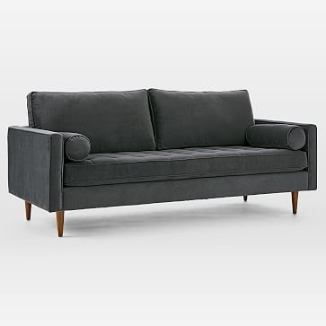 Monroe Mid-Century Tufted Seat Sofa 79", Performance Washed Canvas, Feather Gray, Pecan - Image 6