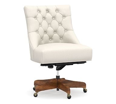 Hayes Upholstered Tufted Swivel Desk Chair with Mahogany Frame, Performance Heathered Tweed Ivory - Image 0