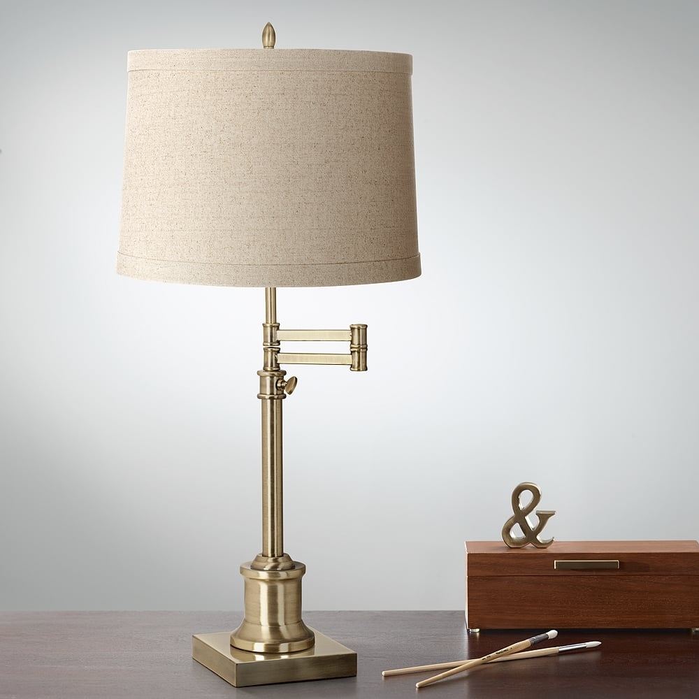 360 Lighting Westbury Adjustable Height Linen and Brass Swing Arm Desk Lamp - Image 0