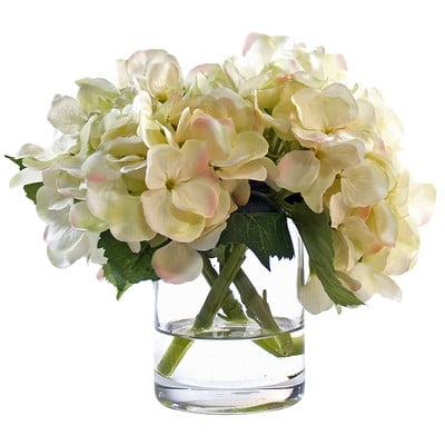 White Hydrangea Floral Arrangement in Glass Vase - Image 0