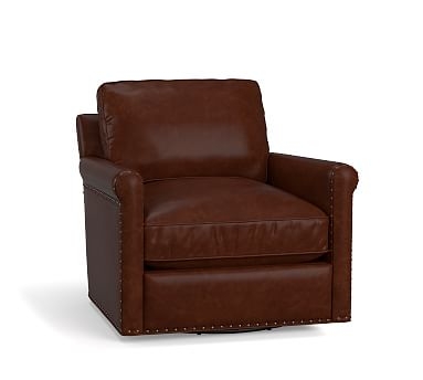 Tyler Roll Arm Leather Swivel Armchair with Nailheads, Down Blend Wrapped Cushions, Burnished Wolf Gray - Image 1