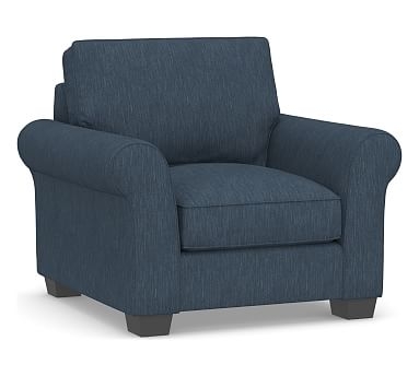 PB Comfort Roll Arm Upholstered Recliner, Box Edge Memory Foam Cushions, Performance Heathered Tweed Indigo - Image 0