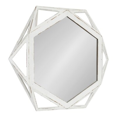 Turk Rustic-Modern Geometric Octagon Shaped Wood Accent Wall Mirror, Distressed Antique White, 24x27-inches - Image 0