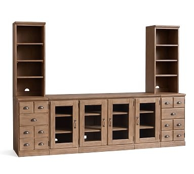 Printer's Large Media Suite with Cabinets (2 Bluff Cut Drawer Peds, 2 Glass Door Peds, 1 Double Glass Door Ped, 2 Bookcase Hutches, 1 Quad Top, 2 Single Tops) - Image 1