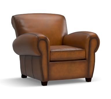 Manhattan Leather Armchair and Ottoman with Bronze Nailheads, Polyester Wrapped Cushions, Burnished Bourbon - Image 1