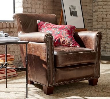 Irving Roll Arm Leather Armchair, Bronze Nailheads, Polyester Wrapped Cushions, Statesville Molasses - Image 3