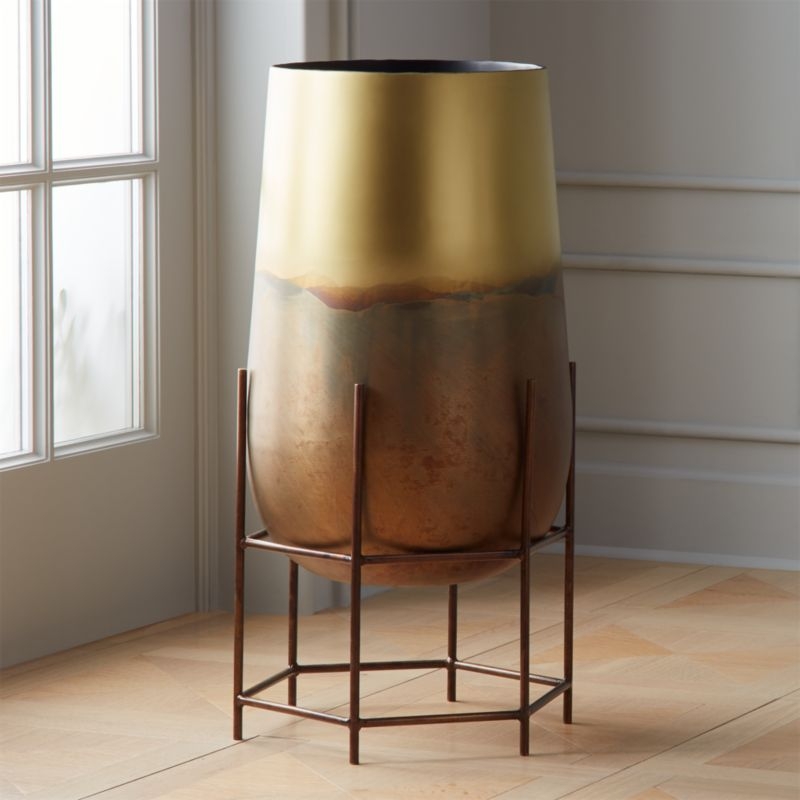 Strata Patinaed Brass Planter on Stand - Image 2