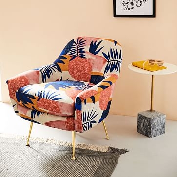 Phoebe Midcentury Chair, Poly, Botanic Collage, Landscape Blue Multi, Brass - Image 3