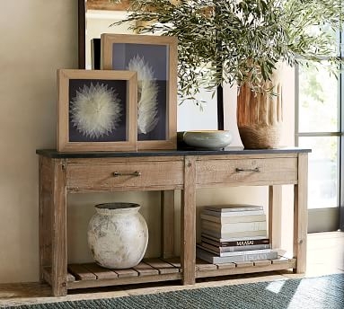 Parker 63" Bluestone Top Reclaimed Wood Console Table, Weathered White - Image 1