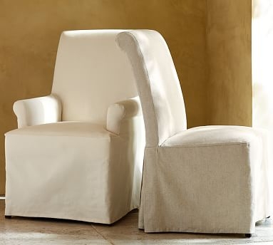 PB Comfort Roll Long Slipcovered Dining Armchair, Espresso Legs, Sunbrella(R) Performance Boss Herringbone Pebble - Image 0