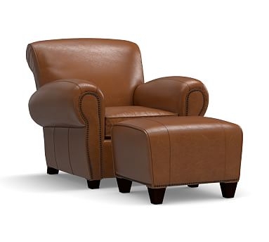 Manhattan Leather Armchair and Ottoman with Bronze Nailheads, Polyester Wrapped Cushions, Statesville Espresso - Image 0