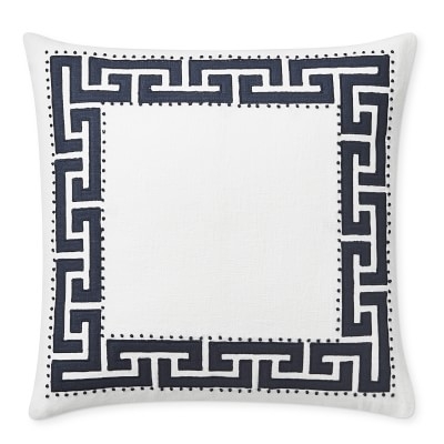 Paloma Contreras Greek Key Linen Applique Pillow Cover, 22" X 22", White/Navy - Image 0