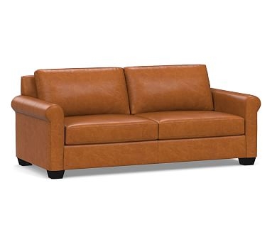 York Roll Arm Leather Sofa 83", Polyester Wrapped Cushions, Vintage Caramel - Image 0