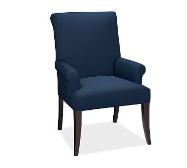PB Comfort Roll Upholstered Dining Arm Chair, Performance Everydayvelvet(TM) Navy - Image 0